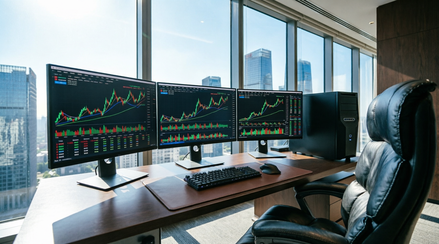 Puesto de trading con gr�ficos del DAX y Nasdaq en directo